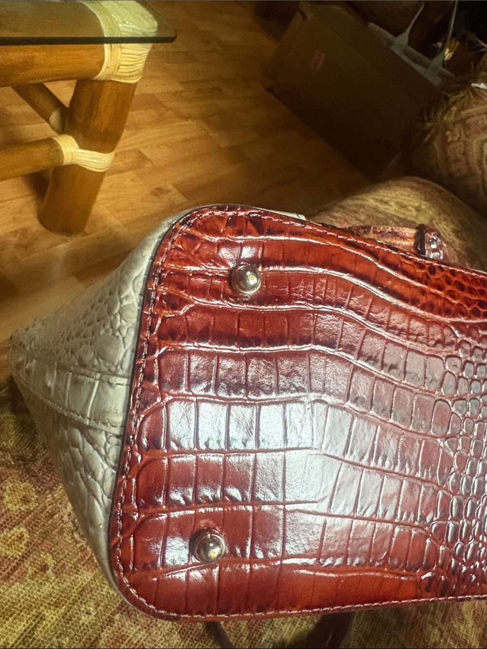 Brahmin Cream and Brown Croc-Embossed Tote with Tassel - Picture 6 of 8